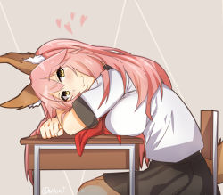 Rule 34 | 10s, animal ears, blouse, blush, breast rest, breasts, breasts on table, chair, desk, fang, fate/extra, fate/grand order, fate (series), fox ears, fox tail, hair between eyes, looking at viewer, myumi, pink hair, school chair, school desk, school uniform, serafuku, shirt, simple background, sitting, solo, tail, tamamo (fate), tamamo no mae (fate/extra), white shirt, yellow eyes