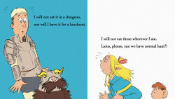 Rule 34 | 1girl, 3boys, armor, beard, blonde hair, blue background, blue robe, bow, braid, brown hair, chilchuck tims, commentary, dr. seuss (style), dungeon meshi, dwarf, elf, english commentary, english text, facial hair, fake horns, green eggs and ham (seuss), hair bow, halfling, helmet, highres, horned headwear, horns, laios touden, looking at viewer, marcille donato, multiple boys, mustache, parody, poem, pointy ears, profile, robe, senshi (dungeon meshi), sideburns, simple background, stirdraws