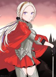 Rule 34 | 1girl, absurdres, alternate hairstyle, bad id, bad twitter id, breasts, cape, cleavage, closed mouth, edelgard von hresvelg, fire emblem, fire emblem: three houses, fire emblem warriors: three hopes, gloves, hair ornament, hair ribbon, highres, long hair, long sleeves, looking at viewer, nintendo, official alternate costume, official alternate hairstyle, peach11 01, purple eyes, ribbon, skirt, solo, uniform, weapon, white hair