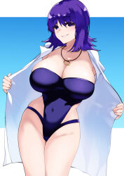 Rule 34 | 1girl, absurdres, alternate breast size, bare legs, blue one-piece swimsuit, blue sky, breasts, coat, creatures (company), curvy, game freak, highleg, highleg swimsuit, highres, large breasts, looking at viewer, nintendo, one-piece swimsuit, open clothes, open mouth, philena ivy, pokemon, pokemon (anime), pokemon (classic anime), shiny skin, sky, smile, solo, swimsuit, tetsuji (i ttj f c), wide hips