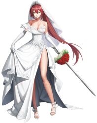 1girl absurdres bare_shoulders black_survival breasts bridal_veil cleavage clothes_pull detached_sleeves dress dress_pull eternal_return:_black_survival feet fiora_pellerin floral_print flower full_body green_eyes hair_between_eyes highres holding holding_flower holding_sword holding_weapon legs light_smile long_hair looking_at_viewer official_alternate_costume official_alternate_hairstyle official_art one_touch ponytail pulling_own_clothes red_hair sandals simple_background smile solo strappy_heels sword thighs toeless_footwear toenails toes veil very_long_hair weapon wedding_dress white_background white_dress