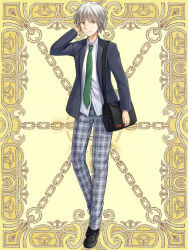 Rule 34 | 1boy, bag, black bag, black coat, black footwear, blazer, brown eyes, chain, closed mouth, coat, collared shirt, commentary request, full body, green necktie, grey hair, grey pants, hand in own hair, jacket, kerberos blade, long sleeves, looking at viewer, male focus, natsuya (kuttuki), necktie, pants, plaid, plaid pants, school bag, shirt, shoes, short hair, smile, solo, white shirt, yellow background