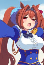 Rule 34 | absurdres, animal ears, blue bow, blue bowtie, bow, bowtie, breasts, brown hair, buttons, center frills, daiwa scarlet (umamusume), frills, hair between eyes, hair intakes, half-closed eyes, highres, horse ears, horse girl, large breasts, light blush, long hair, looking at viewer, open mouth, outstretched arm, puffy sleeves, red eyes, sidelocks, slit pupils, tiara, tohs50, twintails, umamusume, upper body