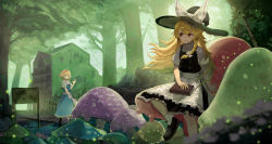 Rule 34 | 2girls, alice margatroid, apron, arm support, bannouyakunta, black footwear, black headwear, black skirt, black vest, blonde hair, blue dress, blush, bobby socks, book, boots, bow, braid, broom, building, buttons, capelet, chimney, commentary, dress, eyebrows hidden by hair, fence, floating hair, forest, frilled dress, frilled skirt, frills, grin, hair bow, hairband, hand up, hat, hat bow, highres, house, kirisame marisa, leaf, leg up, long hair, looking to the side, mary janes, multiple girls, mushroom, nature, open mouth, orange eyes, outdoors, pink ribbon, pink scarf, puffy short sleeves, puffy sleeves, red hairband, ribbon, scarf, scenery, shirt, shoes, short hair, short sleeves, sign, single braid, sitting, skirt, skirt set, sleeve cuffs, smile, socks, teeth, touhou, tree, vest, waist apron, waving, white apron, white bow, white capelet, white legwear, white shirt, window, witch hat