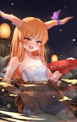 1girl :d \||/ absurdres blunt_bangs blush breasts commentary_request covered_navel cowboy_shot cup drooling hand_up highres holding holding_cup horns ibuki_suika light_particles long_hair looking_at_viewer mouth_drool naked_towel night onsen open_mouth orange_eyes orange_hair outdoors partially_submerged sakazuki small_breasts smile solo ssalyun touhou towel very_long_hair