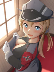 Rule 34 | 10s, 1girl, :d, anchor hair ornament, blonde hair, blue eyes, blush, breasts, carpet, cleavage cutout, clothing cutout, cross, from side, gloves, grey hat, hair ornament, hat, holding, indoors, iron cross, kantai collection, light, long sleeves, looking at viewer, looking to the side, low twintails, maku ro, medium breasts, military, military uniform, open mouth, peaked cap, prinz eugen (kancolle), smile, solo, twintails, uniform, upper body, white gloves, window