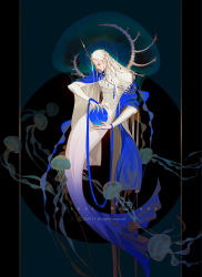 Rule 34 | black background, blue ribbon, blue shawl, bridal gauntlets, circlet, closed eyes, closed mouth, commentary request, english text, fingernails, floating, forehead jewel, full body, halo, highres, jellyfish, jewelry, lian yao, long hair, long sleeves, merman, monster boy, neptune (planet), orb, original, pale skin, personification, pillarboxed, planet, ribbon, sharp fingernails, shawl, skin tight, solo, spine, two-sided fabric, very long hair, white hair, white shawl