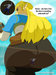 Rule 34 | 1boy, 1girl, absurdres, ass, ass press, black hair, blonde hair, blue shirt, donvirus, elf, english text, from below, giant, giantess, green eyes, highres, huge ass, long hair, looking back, looking down, mini person, miniboy, nintendo, pants, pointy ears, princess zelda, shirt, sitting, sitting on person, the legend of zelda, the legend of zelda: breath of the wild, tight clothes, tight pants