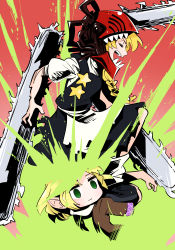 Rule 34 | 2girls, apron, arm blade, black footwear, black vest, blonde hair, blood, chainsaw, chainsaw man, closed eyes, closed mouth, colored blood, commentary, cookie (touhou), cosplay, denji (chainsaw man), denji (chainsaw man) (cosplay), empty eyes, expressionless, full body, gram 9, green blood, green eyes, highres, joker (cookie), kirisame marisa, long hair, mizuhashi parsee, multiple girls, open mouth, pointy ears, puffy short sleeves, puffy sleeves, shirt, shoes, short hair, short sleeves, socks, star (symbol), suzu (cookie), teeth, touhou, vest, waist apron, weapon, white apron, white legwear, white shirt