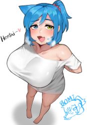 Rule 34 | 1girl, arms behind back, bad id, bad pixiv id, bare shoulders, barefoot, blue eyes, blue hair, blue nails, blush, breasts, collarbone, fang, from above, green eyes, hair ornament, hair scrunchie, heavy breathing, heterochromia, huge breasts, looking at viewer, meme, nail polish, no pants, off-shoulder shirt, off shoulder, open mouth, original, pajamas challenge, pulled by self, saru (monkey magic3), scrunchie, shirt, short ponytail, skin fang, solo, t-shirt, taut clothes, taut shirt, tight clothes, tight shirt, toenail polish, toenails, toes