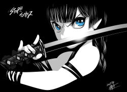 Rule 34 | 1girl, bare shoulders, black background, blue eyes, braid, dated, highres, holding, holding sword, holding weapon, katana, long hair, looking at viewer, monochrome, original, serious, signature, simple background, solo, spot color, sword, sword in front of face, tamaki nozomu, upper body, weapon