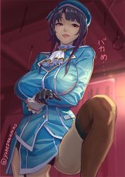 Rule 34 | 10s, 1girl, bad id, bad pixiv id, black hair, breasts, brown thighhighs, garter straps, gloves, kantai collection, large breasts, leg lift, lips, long hair, looking at viewer, looking down, parted lips, pointing, pointing at viewer, red eyes, solo, takao (kancolle), thighhighs, thighs, translation request, twitter username, yonezawa mao