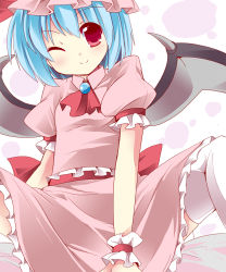 Rule 34 | 1girl, ascot, bat wings, between legs, blue hair, blush, fa no hito, female focus, hand between legs, hat, one eye closed, red eyes, remilia scarlet, shirt, short hair, sitting, skirt, skirt set, smile, solo, thighhighs, touhou, white background, white thighhighs, wings, wink, wristband, zettai ryouiki