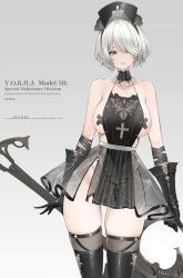 Rule 34 | 1girl, 2b (nier:automata), bare shoulders, black dress, black gloves, black hat, blue eyes, boots, breasts, collarbone, cowboy shot, dishwasher1910, dress, elbow gloves, gloves, hair over one eye, hat, highres, large breasts, long legs, looking at viewer, nier:automata, nier (series), pasties, short dress, short hair, sideboob, solo, swept bangs, thigh boots, weapon, white hair