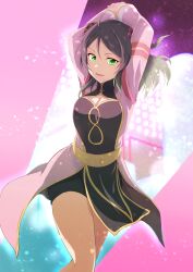 Rule 34 | 1girl, absurdres, arms up, belt, black hair, breasts, chinese clothes, cleavage cutout, clothing cutout, green eyes, highres, love live!, love live! nijigasaki high school idol club, medium breasts, own hands together, queendom (love live!), smile, takasaki yu, thighs, zasshoku ojisan