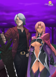 1boy 1girl breasts crossover dante_(devil_may_cry) dark-skinned_female dark_skin devil_may_cry_(series) devil_may_cry_5 highres ingrid_(taimanin_asagi) large_breasts long_hair taimanin_(series) taimanin_murasaki white_hair