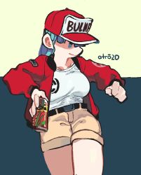Rule 34 | 1girl, absurdres, belt, breasts, bulma, can, cowboy shot, dragon ball, highres, holding, holding can, jacket, large breasts, long hair, red jacket, shirt, shirt tucked in, shorts, signature, smile, solo, white shirt, whoopsatro, yellow shorts