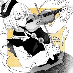 Rule 34 | 1girl, absurdres, bow (music), closed mouth, dated, hat, highres, holding instrument, holding violin, instrument, kamenozoki momomo, limited palette, long sleeves, looking at viewer, lunasa prismriver, music, one-hour drawing challenge, playing instrument, short hair, solo, touhou, violin, yellow eyes