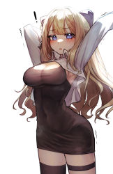 Rule 34 | !, 1girl, absurdres, armpits, arms up, backlighting, black dress, black thighhighs, blonde hair, blue eyes, blush, braid, breasts, cleavage, commission, covered navel, dress, embarrassed, gilmang, hair ribbon, highres, large breasts, long hair, looking at viewer, open mouth, original, ribbon, short dress, side braid, sidelocks, simple background, single thighhigh, solo, sonya (schan), steaming body, stretching, thigh strap, thighhighs, white background, zettai ryouiki