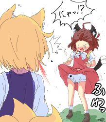 Rule 34 | 2girls, absurdres, animal ear fluff, animal ears, antenna hair, arms up, black print, black tail, blonde hair, blood, blush, bow, bowtie, brown footwear, brown hair, cat ears, cat tail, chen, clothes lift, collar, commentary, embarrassed, excessive nosebleed, facing another, flying sweatdrops, fox ears, fox tail, from behind, grass, hair floating upwards, highres, kitsune, long sleeves, multiple girls, multiple tails, nekomata, no headwear, nosebleed, o o, open mouth, panties, pantyshot, paw print, paw print pattern, pink collar, purple tabard, red skirt, red vest, shirt, shoes, short hair, short sleeves, simple background, sketch, skirt, skirt lift, skirt set, socks, speech bubble, standing, striped clothes, striped vest, sweatdrop, tabard, tail, touhou, translation request, two tails, underwear, vest, white background, white bow, white panties, white shirt, white socks, white tail, yakumo ran, yaminabe (honnouji no kaninabe), yellow stripes