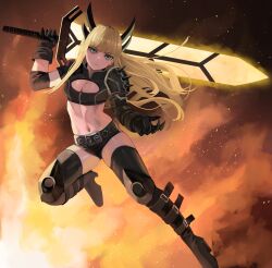 Rule 34 | 1girl, black footwear, black gloves, black shirt, black shorts, blonde hair, blue eyes, boots, breasts, cleavage, cleavage cutout, closed mouth, clothing cutout, commentary, crop top, english commentary, floating hair, gloves, high heel boots, high heels, highres, holding, holding sword, holding weapon, huge weapon, illyana rasputina, jourd4n, knee pads, long hair, looking at viewer, magik (x-men), marvel, medium breasts, navel, new mutants, shirt, short shorts, shorts, solo, spiked pauldrons, spikes, sword, thigh boots, very long hair, weapon, x-men