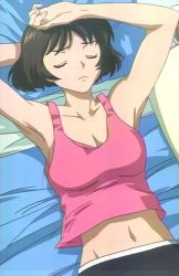 Rule 34 | 00s, 1girl, arms up, bed, black hair, breasts, cleavage, closed eyes, from above, kaminagi ryouko, large breasts, lying, midriff, navel, no bra, non-web source, on back, pillow, screencap, short hair, sleeping, solo, tank top, zegapain