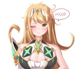 Rule 34 | 1girl, bare shoulders, blonde hair, breasts, cleavage, closed mouth, commentary request, earrings, elbow gloves, facing viewer, gloves, iiizumy, jewelry, large breasts, long hair, messy, mythra (xenoblade), one eye closed, simple background, single elbow glove, single shoulder pad, solo, spoken blush, swept bangs, tiara, upper body, white background, white gloves, xenoblade chronicles (series), xenoblade chronicles 2, yellow eyes
