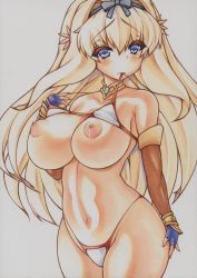 Rule 34 | 1girl, bikini, blonde hair, blue eyes, blush, bra, bra lift, breasts, curvy, detached sleeves, female focus, fingerless gloves, gloves, hair ornament, hair ribbon, huge breasts, kusugawa sasara, large breasts, long hair, looking at viewer, marker (medium), mouth hold, navel, nipples, puffy nipples, ribbon, solo, standing, swimsuit, to heart, to heart (series), to heart 2, to heart 2 dungeon travelers, traditional media, underwear, wide hips, yutakasan-love