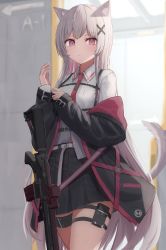 Rule 34 | 1girl, absurdres, animal ears, black jacket, black skirt, blush, closed mouth, collared shirt, commentary, grey hair, gun, hair ornament, hands up, highres, jacket, long hair, looking at viewer, necktie, off shoulder, open clothes, open jacket, original, pleated skirt, red eyes, red necktie, school uniform, shirt, skirt, solo, tail, tail raised, tanshio, very long hair, weapon, weapon request, white shirt, x hair ornament
