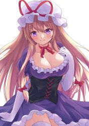 Rule 34 | 1girl, bad id, bad pixiv id, blonde hair, blush, bow, breasts, choker, cleavage, closed mouth, collarbone, corset, dress, elbow gloves, frills, gloves, hair between eyes, hair bow, hair ribbon, hand on own chest, hand up, hat, hat ribbon, large breasts, long hair, looking at viewer, mob cap, neck ribbon, purple dress, purple eyes, ramie (ramie541), red bow, red ribbon, ribbon, ribbon choker, simple background, smile, solo, touhou, tress ribbon, very long hair, white background, white gloves, white hat, yakumo yukari