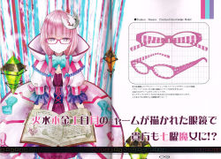 Rule 34 | 1girl, absurdres, adapted costume, alternate costume, bespectacled, book, bow, character name, crease, crescent, crescent hair ornament, crystal, dress, glasses, hair bobbles, hair ornament, highres, long hair, looking at viewer, nabeshima tetsuhiro, no headwear, no headwear, open book, patchouli knowledge, puffy sleeves, purple eyes, purple hair, ribbon, scan, short sleeves, sitting, solo, text focus, touhou