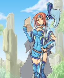 Rule 34 | 1girl, axe, belt, blue thighhighs, breasts, brown eyes, brown hair, canyon, cape, choker, day, diane (monster maker), female focus, gloves, headband, medium breasts, monster maker, nature, outdoors, plant, short hair, sky, solo, sword, thighhighs, tree, u-kichi, weapon
