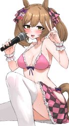 Rule 34 | 1girl, absurdres, animal ears, bikini, blush, breasts, brown eyes, brown hair, collarbone, commentary request, hair between eyes, hair ornament, highres, horse ears, horse girl, horse tail, kumiyabe, looking at viewer, medium breasts, medium hair, microphone, navel, open mouth, ribbon, smart falcon (umamusume), solo, sweat, swimsuit, tail, thighhighs, umamusume, v