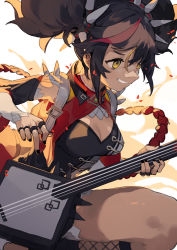 Rule 34 | 1girl, absurdres, black hair, black nails, black tank top, breasts, cleavage, dark-skinned female, dark skin, detached sleeves, drum, feet out of frame, fire, genshin impact, grin, highres, holding, holding instrument, instrument, looking to the side, lute (instrument), medium breasts, multicolored hair, music, nail polish, orange hair, playing instrument, red hair, sh (shinh), shorts, shoulder spikes, simple background, smile, solo, spikes, streaked hair, tank top, two side up, white background, white shorts, xinyan (genshin impact), yellow eyes
