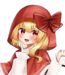 Rule 34 | 1girl, :d, bad id, bad twitter id, blonde hair, blush, eyes visible through hair, fang, fangs, flandre scarlet, hair between eyes, highres, hood, hood up, index finger raised, little red riding hood, long sleeves, open mouth, red eyes, red hood, sakuraame 4649, simple background, smile, solo, touhou, upper body, white background