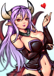 Rule 34 | 1girl, alma elma, artist request, breast tattoo, breasts, cape, cleavage, curvy, demon girl, female focus, highres, horns, large breasts, long hair, looking at viewer, mon-musu quest!, monster girl, nail polish, pointy ears, purple hair, red eyes, revealing clothes, shiny skin, solo, tail, tattoo, wings