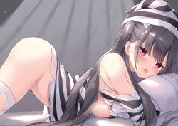 Rule 34 | 1girl, arched back, azur lane, bare shoulders, bed sheet, black hair, bottomless, breasts, dress, highres, hugging object, long hair, looking at viewer, looking to the side, lying, medium breasts, off shoulder, on bed, on stomach, pamiat merkuria (azur lane), pamiat merkuria (caged minx) (azur lane), pillow, pillow hug, purple eyes, sideboob, sironora, solo, striped clothes, striped dress, striped headwear, torn clothes, torn dress, torn legwear, twitter username, very long hair, white legwear