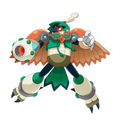 Rule 34 | absurdres, arm cannon, commentary request, creatures (company), decidueye, full body, game freak, gen 7 pokemon, highres, mechanization, mega man (series), mega man x (series), nintendo, no humans, parody, pokemon, pokemon (creature), robot ears, solo, spray poka, style parody, transparent background, weapon, wings