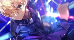Rule 34 | 1boy, blonde hair, blue jacket, blue rose sword, blurry, blurry background, eugeo, green eyes, hair over one eye, holding, holding sword, holding weapon, jacket, long sleeves, looking at viewer, male focus, ogura ari, parted lips, short hair, solo, sword, sword art online, weapon