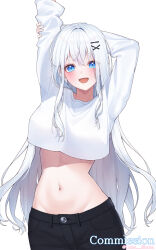 Rule 34 | 1girl, arms up, black pants, blue eyes, breasts, commission, cowboy shot, crop top, crop top overhang, hair ornament, hairclip, highres, large breasts, long hair, long sleeves, looking at viewer, luna bloom, midriff, navel, open mouth, original, pants, shirt, simple background, smile, solo, standing, stomach, stretching, very long hair, white background, white hair, white shirt, x hair ornament