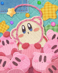 Rule 34 | blue eyes, blush stickers, character doll, clothes pin, highres, kirby, kirby&#039;s epic yarn, kirby (series), miclot, nintendo, no humans, open mouth, patchworks, pink footwear, shoes, star (symbol), yarn