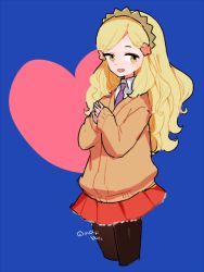 Rule 34 | 1girl, blonde hair, blue background, cropped torso, heart, hoshiiro girldrop, l hakase, long hair, looking at viewer, mole, mole under mouth, own hands together, pantyhose, red skirt, simple background, skirt, solo, sweater, yellow eyes, yuuhi korona