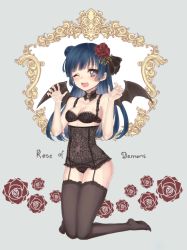 Rule 34 | 10s, 1girl, ;d, bad id, bad pixiv id, bat wings, black bow, black bra, black neckwear, black panties, black thighhighs, blue hair, blush, bow, bra, breasts, brooch, claw pose, cleavage, collarbone, commentary request, corset, english text, fangs, flower, grey background, hair bow, hair bun, hair flower, hair ornament, heart, heart-shaped pupils, jewelry, kneeling, long hair, looking at viewer, love live!, love live! sunshine!!, no shoes, one eye closed, open mouth, panties, purple eyes, rose, side bun, single hair bun, single side bun, small breasts, smile, solo, symbol-shaped pupils, ten-chan (eternal s), thighhighs, tsushima yoshiko, underwear, underwear only, wings