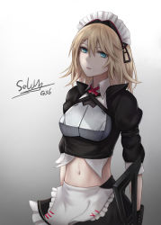 Rule 34 | 1girl, absurdres, apron, armor, assault rifle, bad id, bad pixiv id, black gloves, blonde hair, blue eyes, breastplate, breasts, character name, collared shirt, g36 (girls&#039; frontline), g36 (mod3) (girls&#039; frontline), girls&#039; frontline, gloves, gun, h&amp;k g36, hair between eyes, heckler &amp; koch, highres, holding, holding gun, holding weapon, looking at viewer, maid, maid apron, maid headdress, medium breasts, midriff, mod3 (girls&#039; frontline), navel, parted lips, rifle, selcky, shirt, sidelocks, skirt, solo, weapon