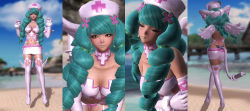 Rule 34 | 1girl, 3d, absurdres, alternate costume, argyle, argyle clothes, argyle cutout, arms behind head, ass, back, belt, boots, breasts, cleavage, closed eyes, clothing cutout, cross, crossed legs, curly hair, drill hair, earrings, elbow gloves, eyeshadow, fake tail, female focus, fiore brunelli, full body, garter straps, gloves, green hair, green lips, hair ornament, hand on own hip, hat, heart, high heel boots, high heels, highres, holding, holding weapon, jewelry, large breasts, leaning forward, leotard, lipstick, long hair, looking at viewer, makeup, midriff, miniskirt, navel, needle, nurse, nurse cap, outdoors, pink gloves, pink thighhighs, revealing clothes, sand, skirt, solo, split screen, square enix, standing, star ocean, star ocean anamnesis, star ocean integrity and faithlessness, tail, thigh boots, thighhighs, thong, thong leotard, twin drills, twintails, very long hair, weapon, wings, yellow eyes
