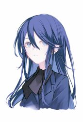 Rule 34 | 1girl, :d, arms at sides, black necktie, black shirt, blue eyes, blue hair, blue jacket, buttons, collared shirt, cropped torso, grin, hair between eyes, highres, hoshino ichika (project sekai), jacket, long hair, looking at viewer, necktie, open mouth, project sekai, ritzchrono, shirt, sidelocks, simple background, smile, solo, straight hair, teeth, white background