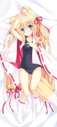 Rule 34 | 1girl, animal ears, arm up, bare arms, bed sheet, bell, black one-piece swimsuit, blonde hair, blue eyes, blush, braid, breasts, c:, cameltoe, closed mouth, collarbone, commentary request, covered navel, dakimakura (medium), fingernails, fox ears, fox girl, fox tail, from above, full body, gradient hair, hair bell, hair between eyes, hair ornament, hair ribbon, hand on own chest, hand up, highres, japanese clothes, jingle bell, kimono, kneehighs, long hair, long sleeves, looking at viewer, lying, miko, minatsuki kou, multicolored hair, no shoes, old school swimsuit, on back, one-piece swimsuit, open clothes, open kimono, original, red ribbon, ribbon, ribbon-trimmed legwear, ribbon-trimmed sleeves, ribbon trim, school swimsuit, shiny clothes, shiny skin, side braid, small breasts, smile, socks, solo, swimsuit, tail, two-tone hair, very long hair, white hair, white kimono, white socks, wide sleeves