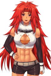 Rule 34 | 1girl, :d, abs, belt, blush, breasts, cleavage, clenched hand, detached sleeves, female focus, fingerless gloves, gloves, hand on own hip, headband, large breasts, long hair, midriff, muscular, muscular female, mylovelydevil, navel, open mouth, purple eyes, queen&#039;s blade, red hair, risty (queen&#039;s blade), risty (queen's blade), shorts, smile, solo, spiked hair, tan, teeth, toned, wilderness bandit risty