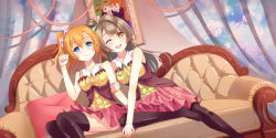 Rule 34 | 10s, 2girls, ;d, asymmetrical hair, bad id, bad pixiv id, black legwear, blue eyes, bow, brown eyes, brown hair, couch, frills, hair bow, highres, holding another&#039;s arm, kosaka honoka, long hair, looking at viewer, love live!, love live! school idol project, minami kotori, multiple girls, nai zi, one eye closed, one side up, open mouth, paw pose, school uniform, side ponytail, skirt, smile, thighhighs