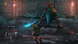Rule 34 | 1boy, blonde hair, boots, brown footwear, commentary request, dark souls (series), dark souls i, fairy, fake screenshot, fighting stance, fire, full body, glowing, glowing eyes, green tunic, hat, highres, holding, holding shield, holding sword, holding weapon, indoors, left-handed, lens flare, link, looking at another, male focus, mask, monster, nintendo, odolwa, parody, pointy ears, roke (taikodon), shield, size difference, standing, sword, tatl, the legend of zelda, the legend of zelda: majora&#039;s mask, tunic, user interface, weapon